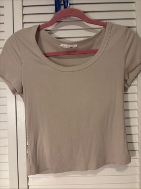 Pink Rose Beige Ribbed Short Sleeve Crewneck Top